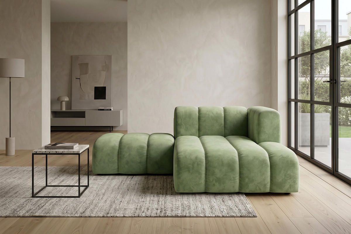 CHAISELONGUE Modulare Mit Hocker, Velvet-Stoff Riviera, Olive, Rechts, GRAND - Olivgrün, Holz (204/179cm) - Kaiser Möbel