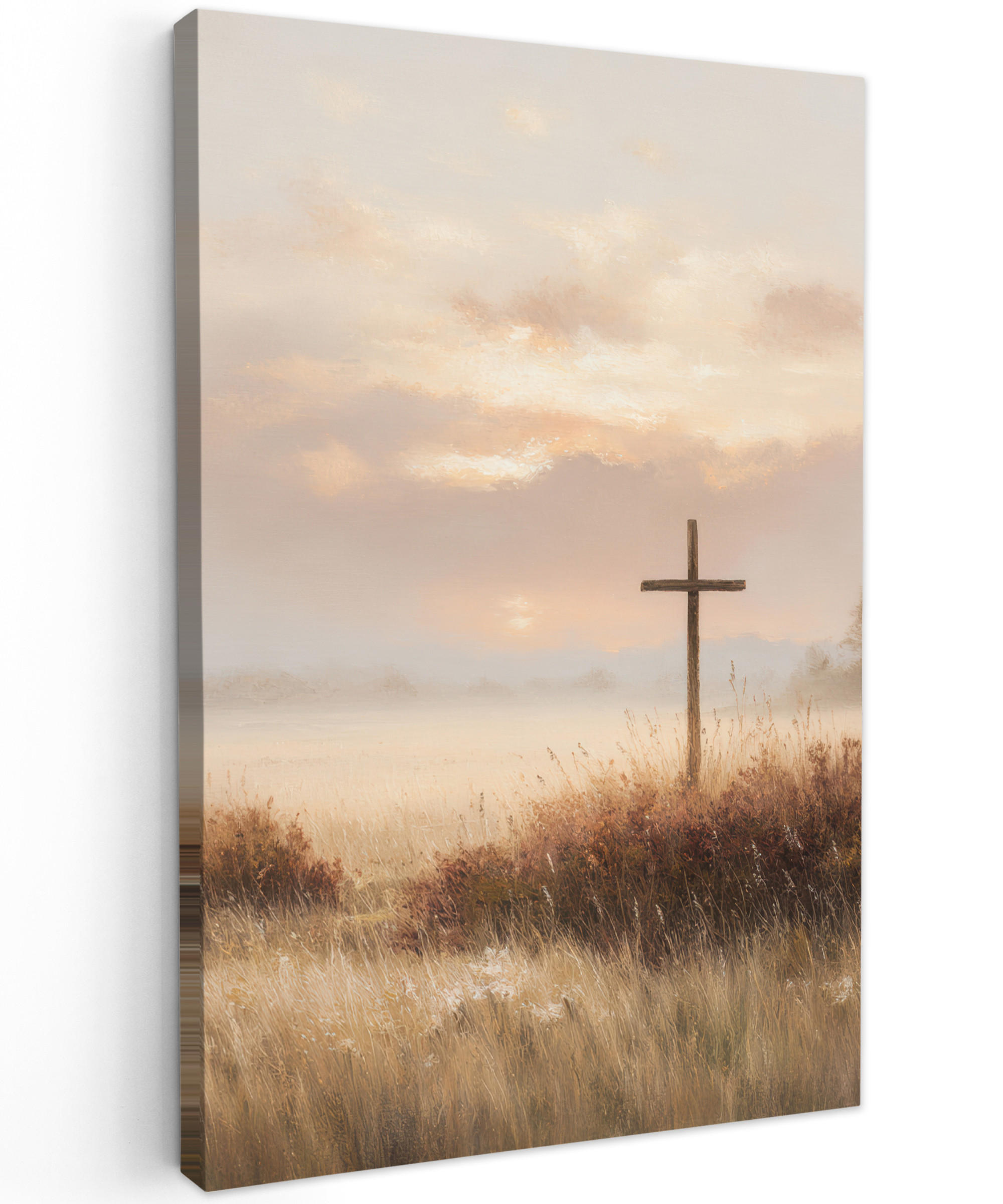 LEINWANDBILD Gras - Morgennebel - Kreuz - Christentum Deko Groß 90x140 cm - Beige, Textil (90/140cm) - MuchoWow