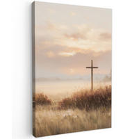 LEINWANDBILD Gras - Morgennebel - Kreuz - Christentum Deko Groß 90x140 cm - Beige, Textil (90/140cm) - MuchoWow