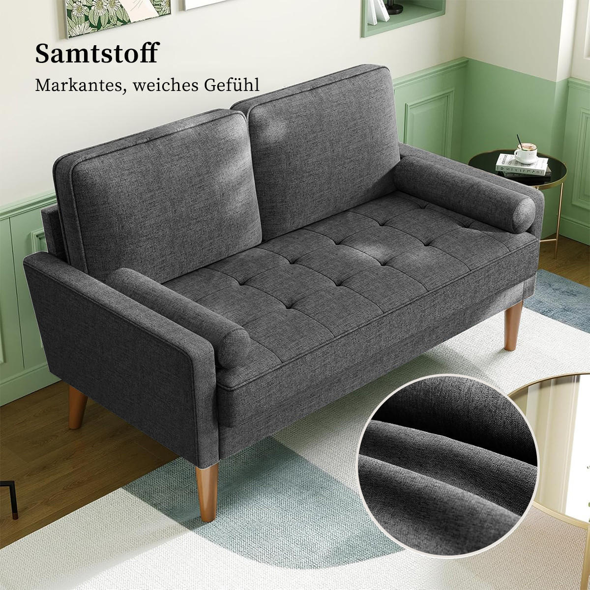 SOFA 2-Sitzer Modernes Kleines Sofa 120 cm,Stoffcouch mit Armlehne Knopf-Design, inkl. 2 Wurfkissen Couch für Wohnzimmer,Gästezimmer,Wohnung,Grau - Grau, Textil (51/46/121cm)