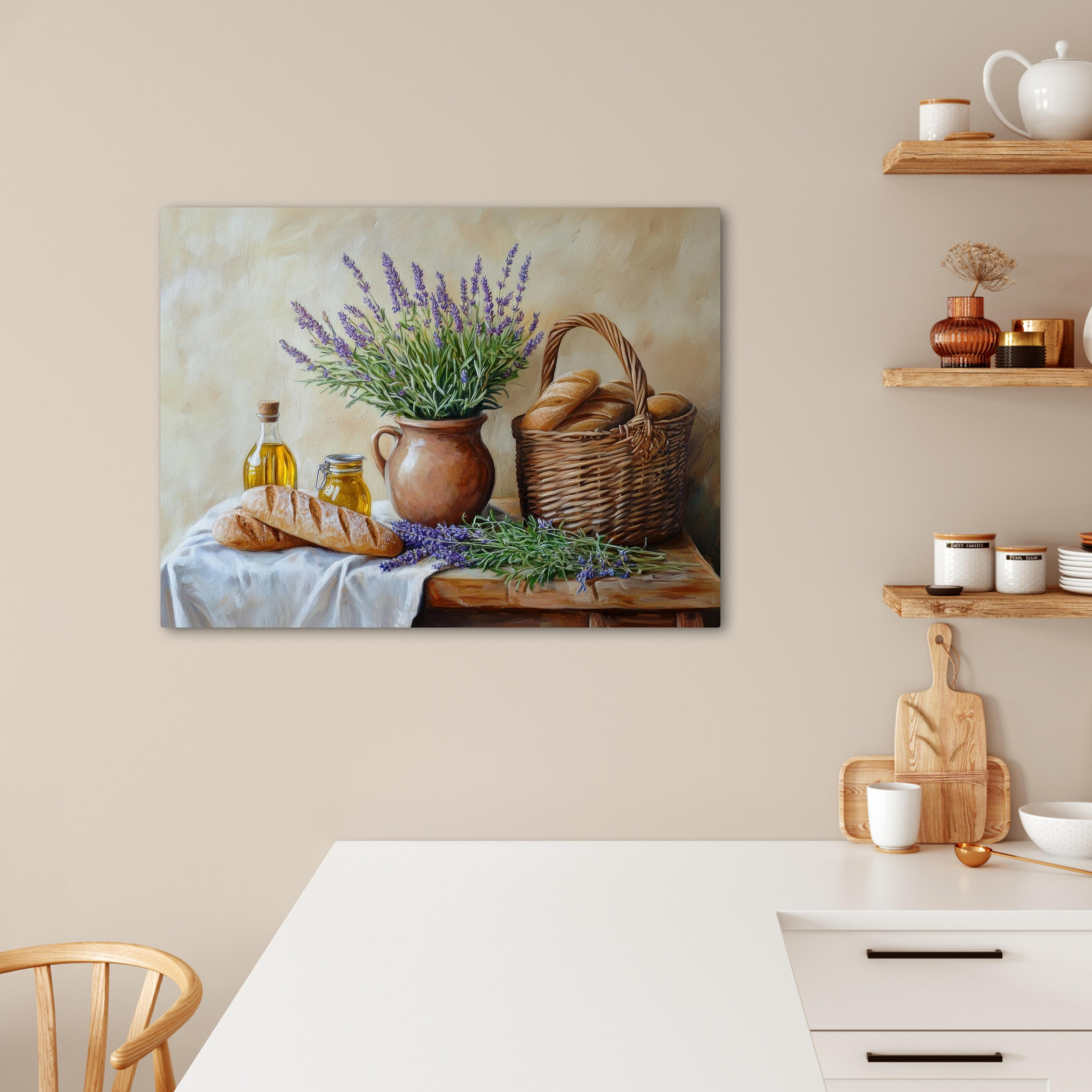 LEINWANDBILD Lavendel - Brot - Stilleben Wandbilder 80x60 cm - Flieder, Textil (80/60cm) - MuchoWow