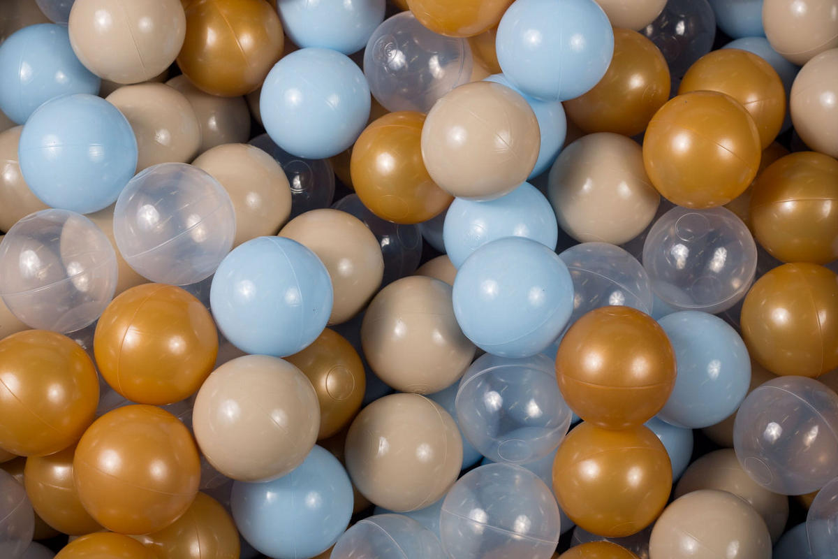 BÄLLE für Bällebad, Spielbälle, Plastikbälle für Kinder Set 50 pcs.: Gold/Blau/Beige/Transparent - Bronzefarben, Textil (7/7/7cm) - MeowBaby