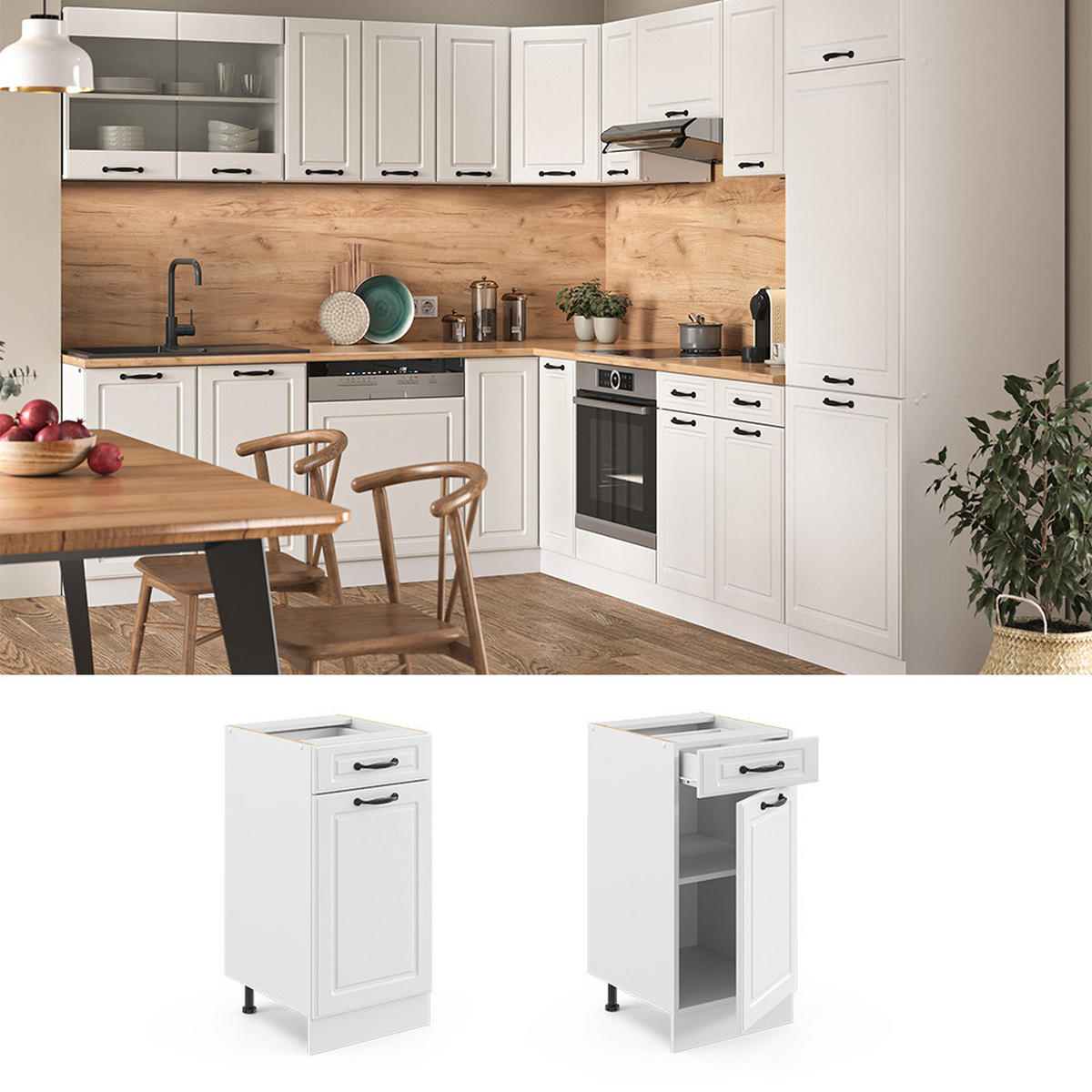KÜCHENUNTERSCHRANK R-Line Weiß Landhaus 40 cm ohne AP - Creme/Weiß, Holzwerkstoff (40/81.6/46cm) - Vicco