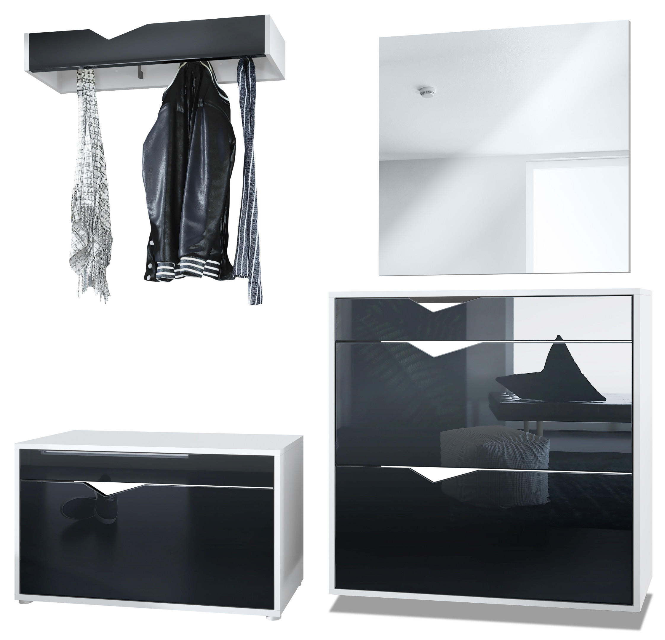 GARDEROBE Kolmio Fronten in Schwarz Hochglanz - Schwarz Hochglanz, Holzwerkstoff (190/185/33cm) - Vladon
