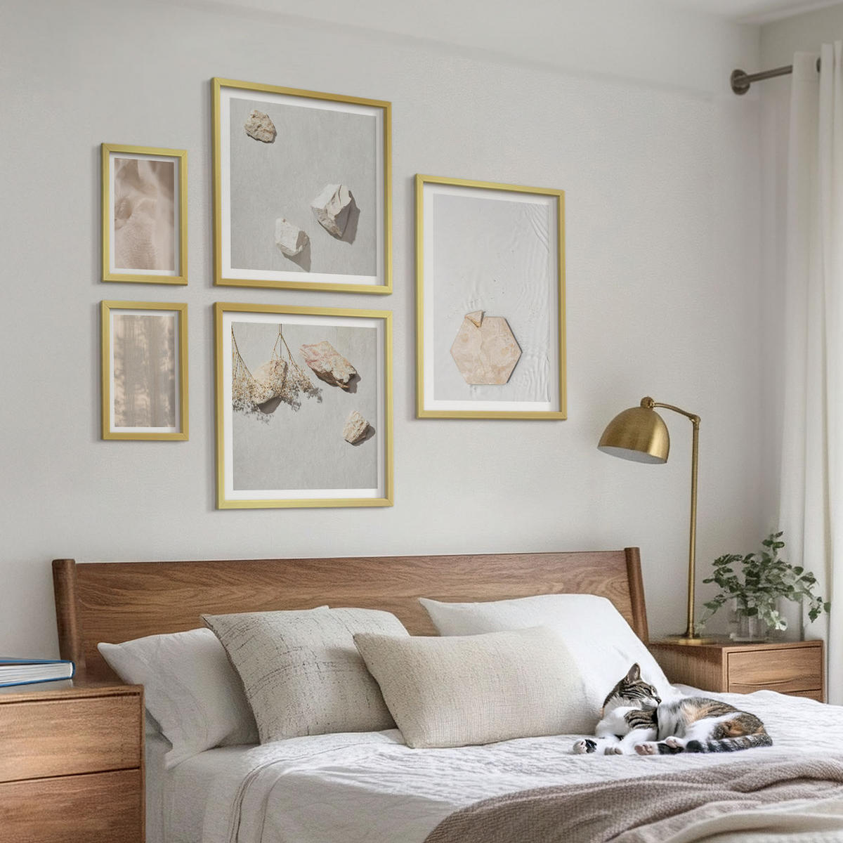 WANDBILDER 5er Set - 50x50 cm & 20x30 cm & 40x60 cm Goldrahmen - Dezente Boho-Naturtexturen - Goldfarben, Kunststoff (40/60cm) - ArtPrintCave