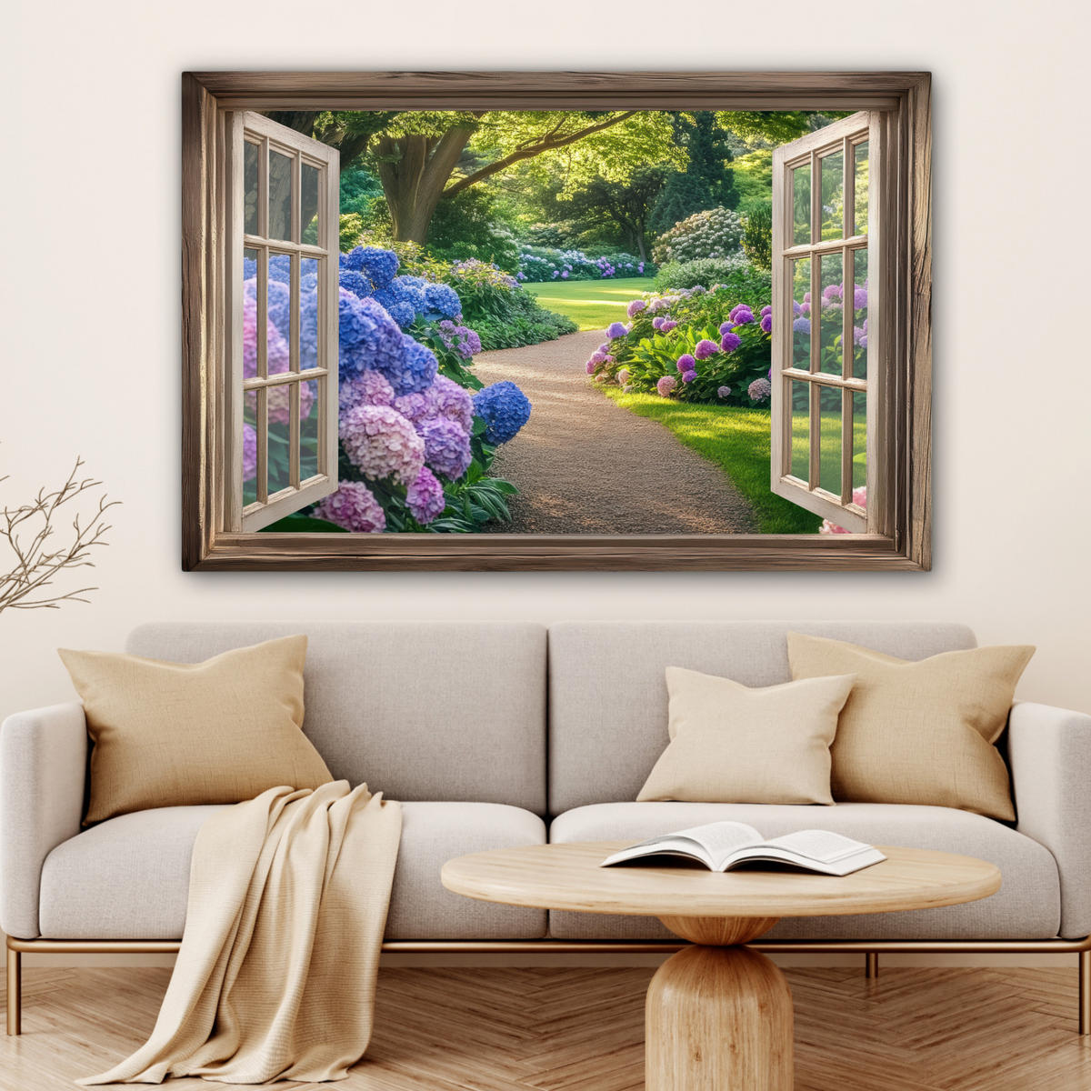 LEINWANDBILD Aussicht - Garten - Fenster - Hortensie - Blumen Wohnzimmer Groß 120x80 cm - Pastellblau, Textil (120/80cm) - MuchoWow