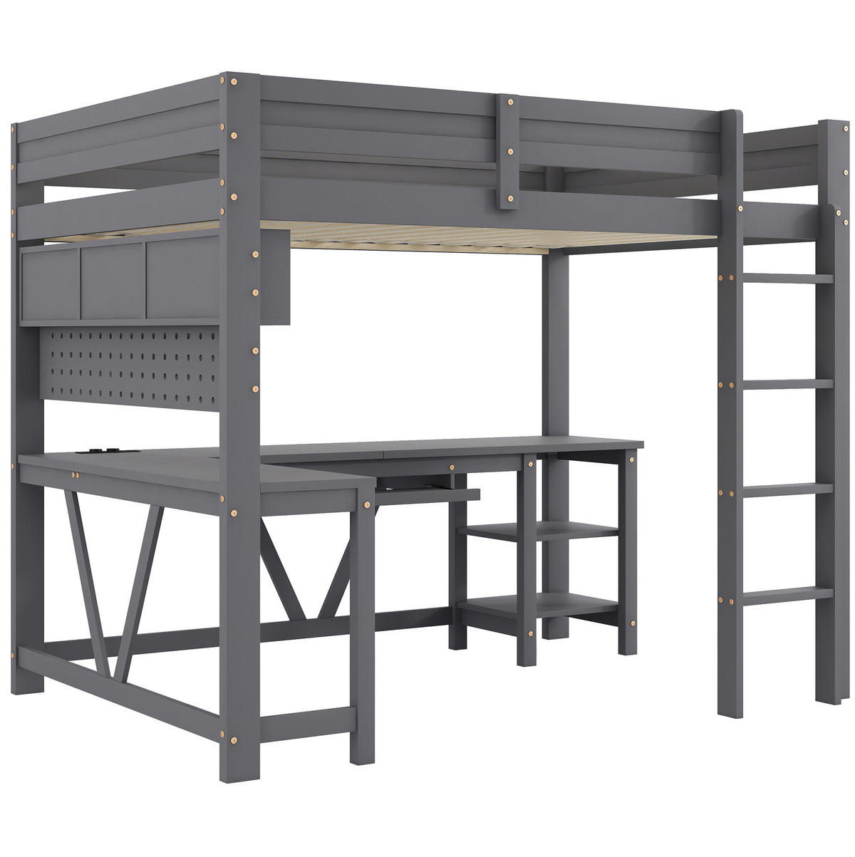 HOCHBETT aus Kiefer und MDF 90x200 cm Grau mit Schreibtisch, LED-Beleuchtung, Stauraum und Ladestation - Grau, Holzwerkstoff (90/200cm) - Modfu