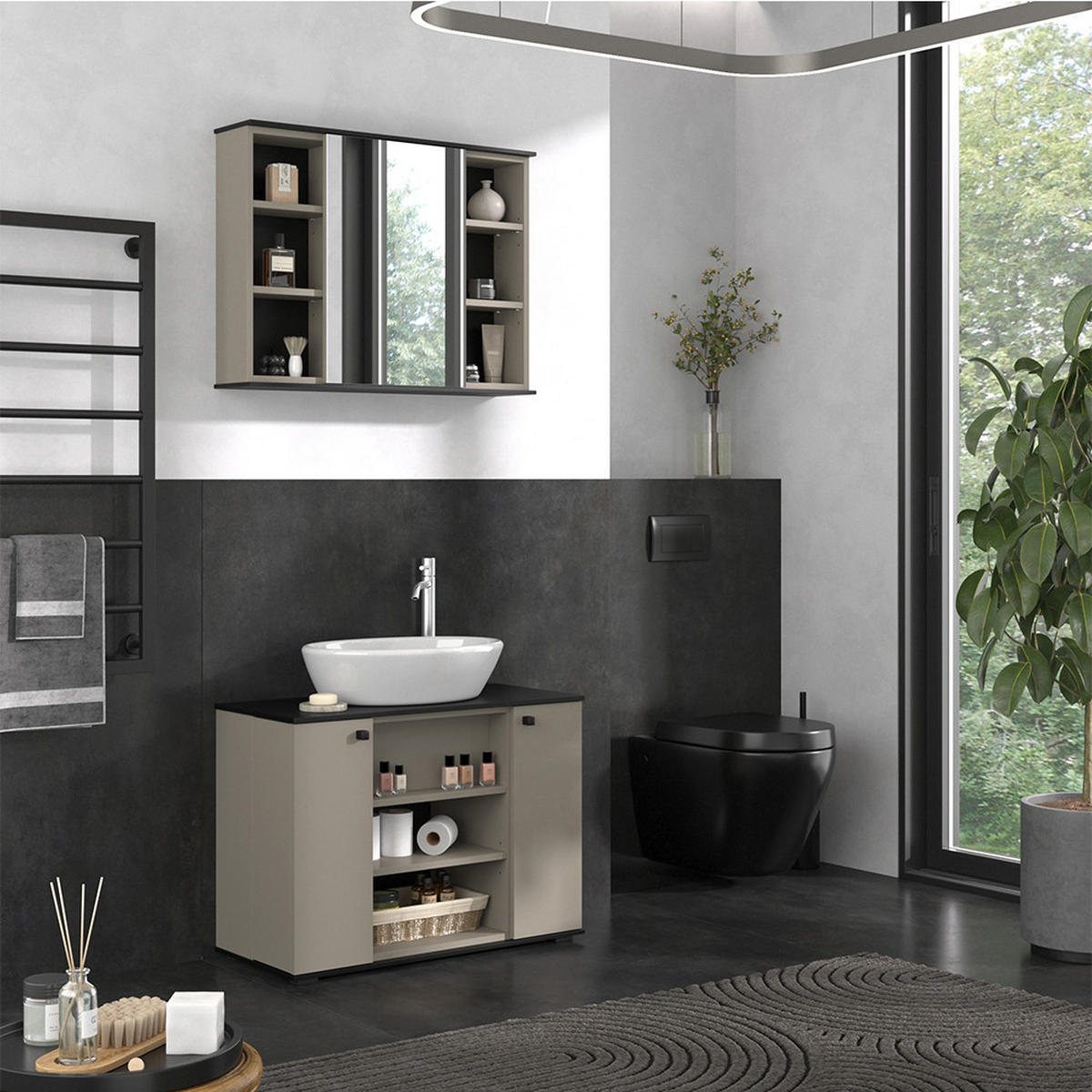 BADMÖBEL-SET Joli Greige 2 Teile - Greige/Schwarz, Holzwerkstoff (80/59/37cm) - Vicco