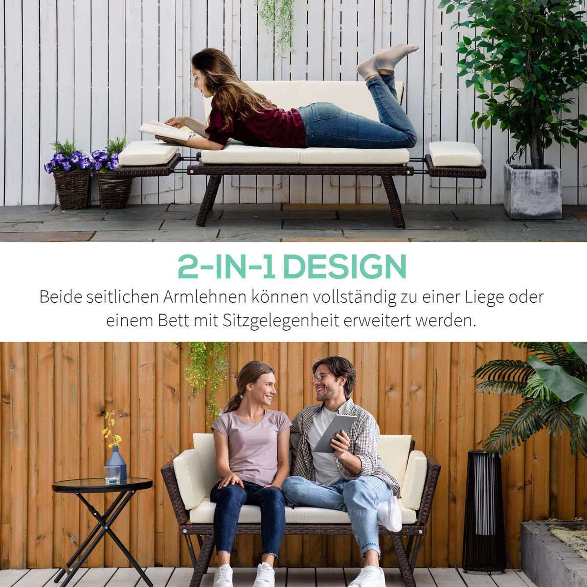 LOUNGESOFA aus Rattan 129x63x67 cm Braun mit klappbaren Armlehnen und Liegefunktion - Braun, Naturmaterialien (63/67/129cm) - Modfu