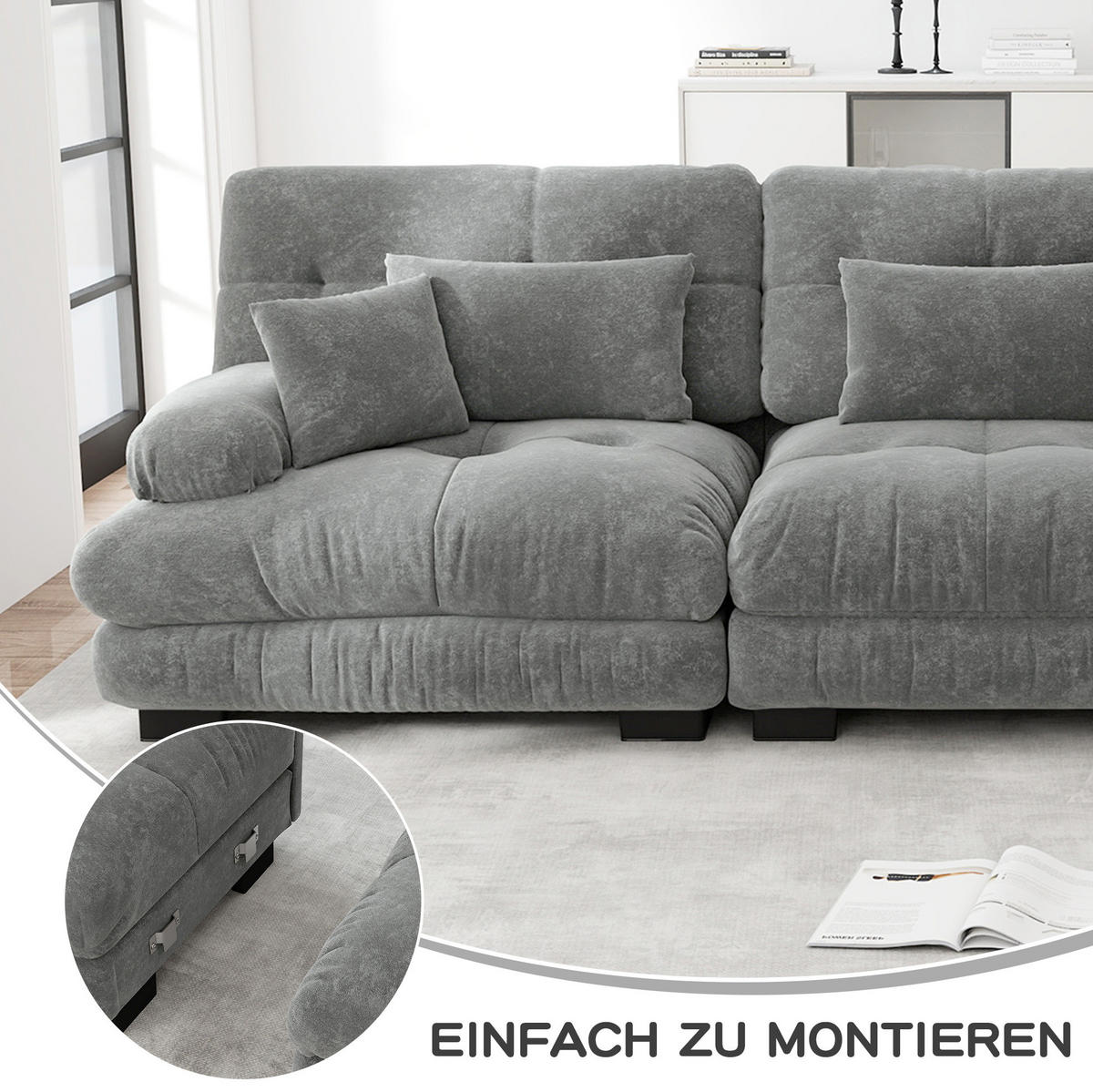 ECKSOFA 406/145/81 cm in Grau aus Chenille mit beweglichem Ottoman - Grau, Textil (145/406cm) - Flora Grace