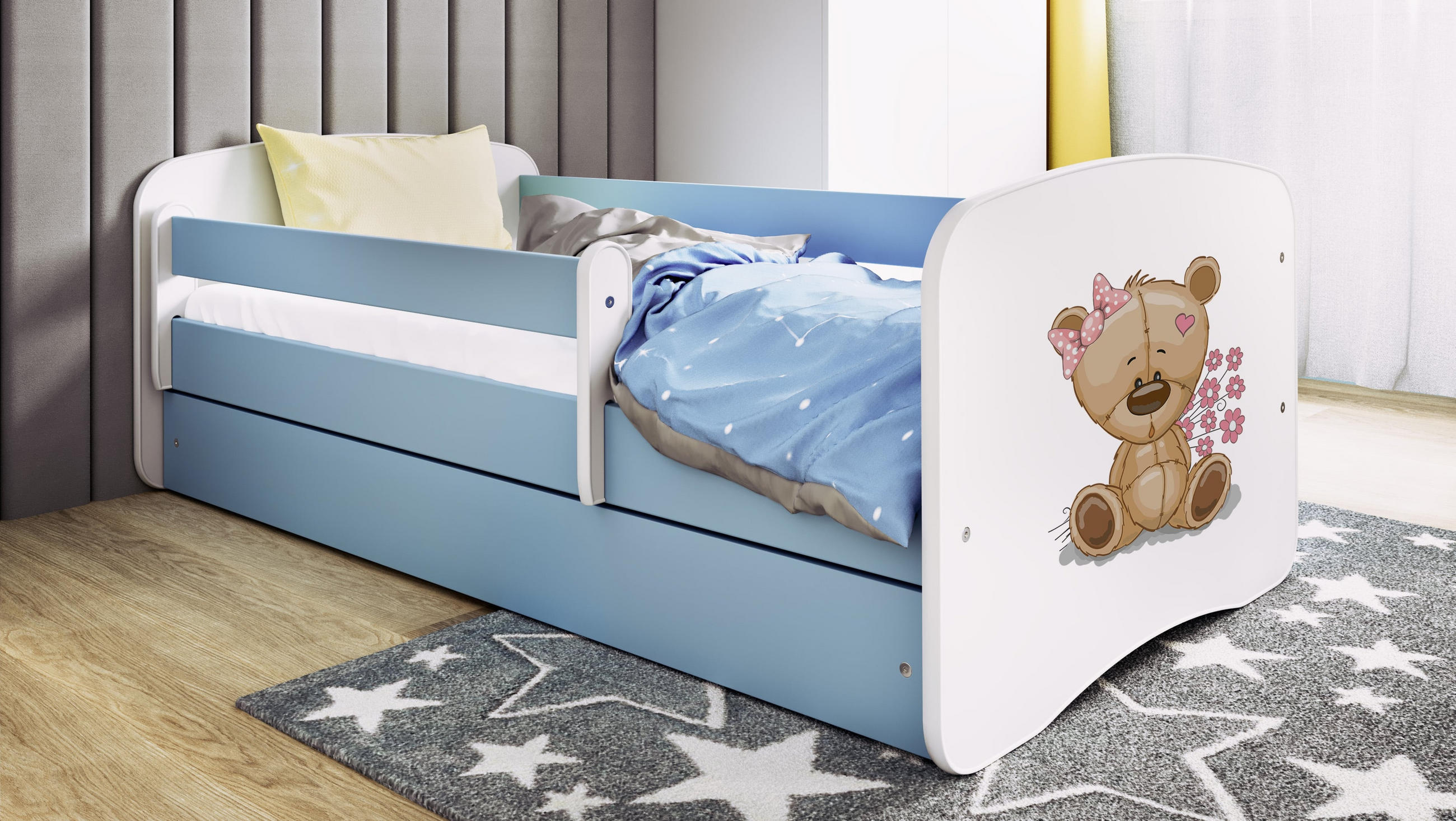 KINDERBETT Teddybärblumen mit Schublade 140/70 80/61/144 - Blau, Holzwerkstoff (80/140cm) - RAUMHIRSCH FURNITURE