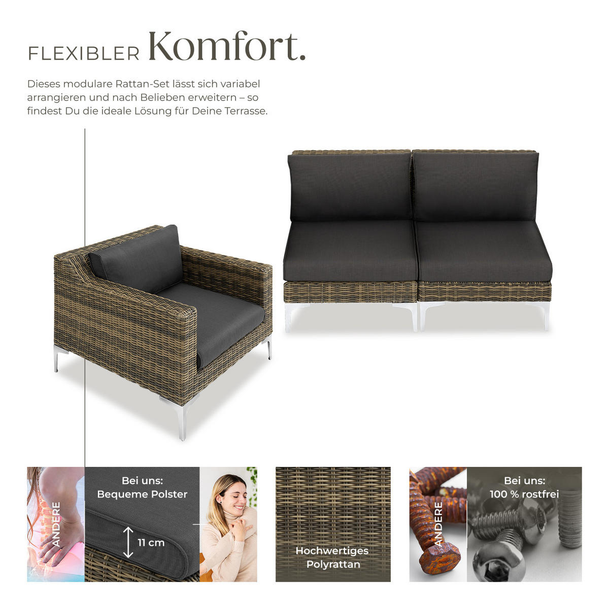 GARTEN-LOUNGE-SET Villanova,kein Aufbau,anthrazit-meliert - Anthrazit, Kunststoff - tectake
