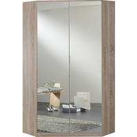 KLEIDERSCHRANK Greven in Hochglanz Lack Weiß mit Eiche Sägerau 95x199x95 cm (BxHxT) – Eckkleiderschrank mit Spiegeltüren - Weiß/Braun, Holzwerkstoff (120/200/80cm)