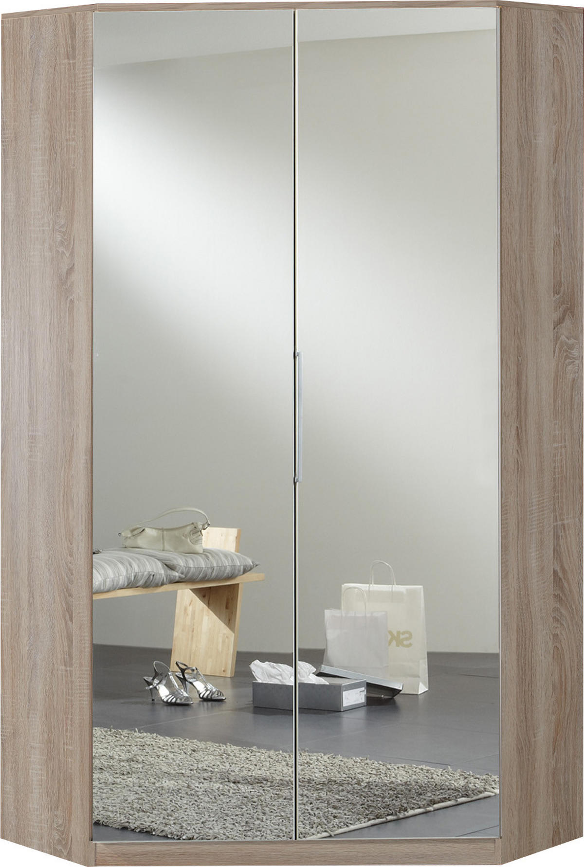 KLEIDERSCHRANK Greven in Hochglanz Lack Weiß mit Eiche Sägerau 95x199x95 cm (BxHxT) – Eckkleiderschrank mit Spiegeltüren - Weiß/Braun, Holzwerkstoff (120/200/80cm)