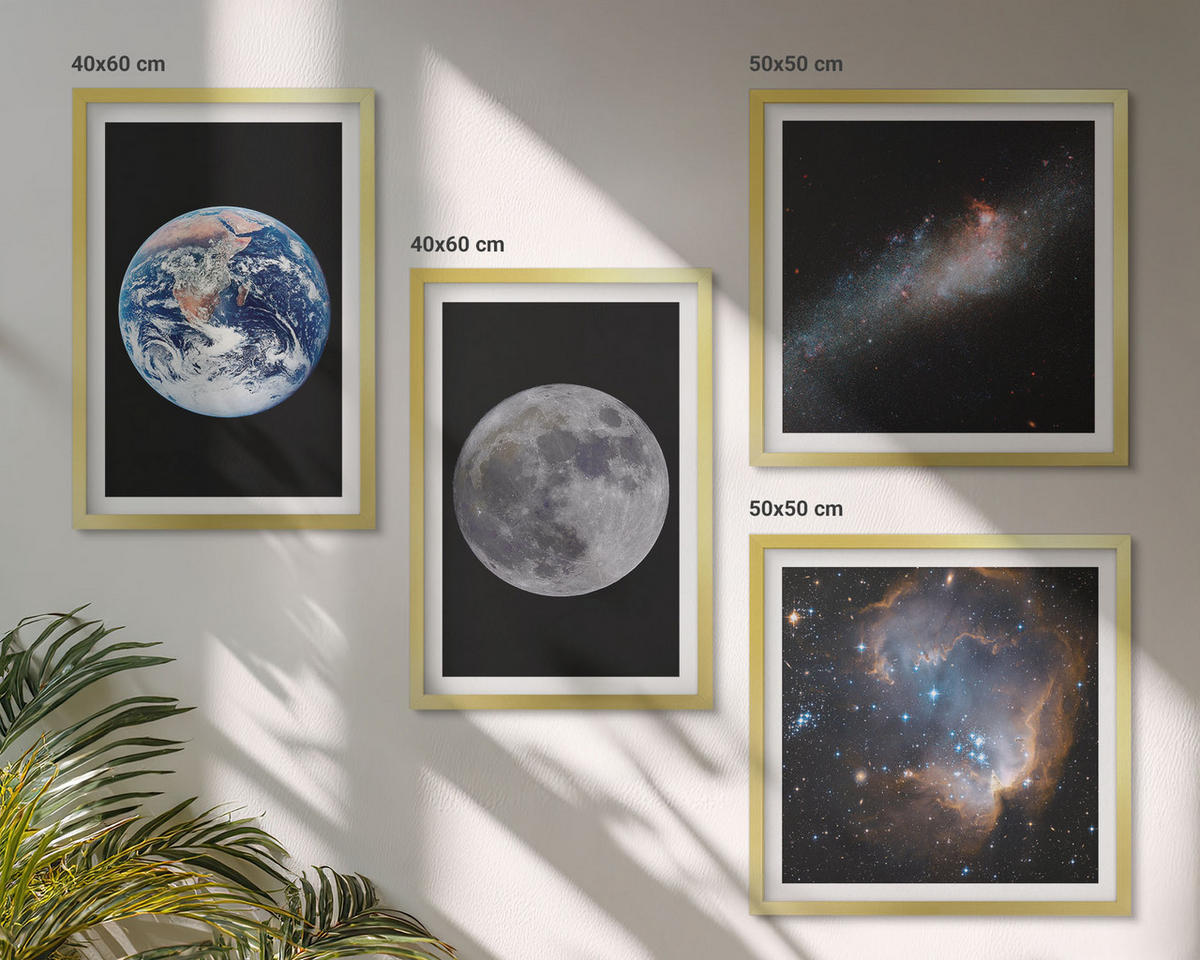 BILDER SET 4er Set - 50x50 cm & 40x60 cm Goldrahmen - Galaxie Weltraum Mond - Goldfarben, Kunststoff (50/50cm) - TULUP