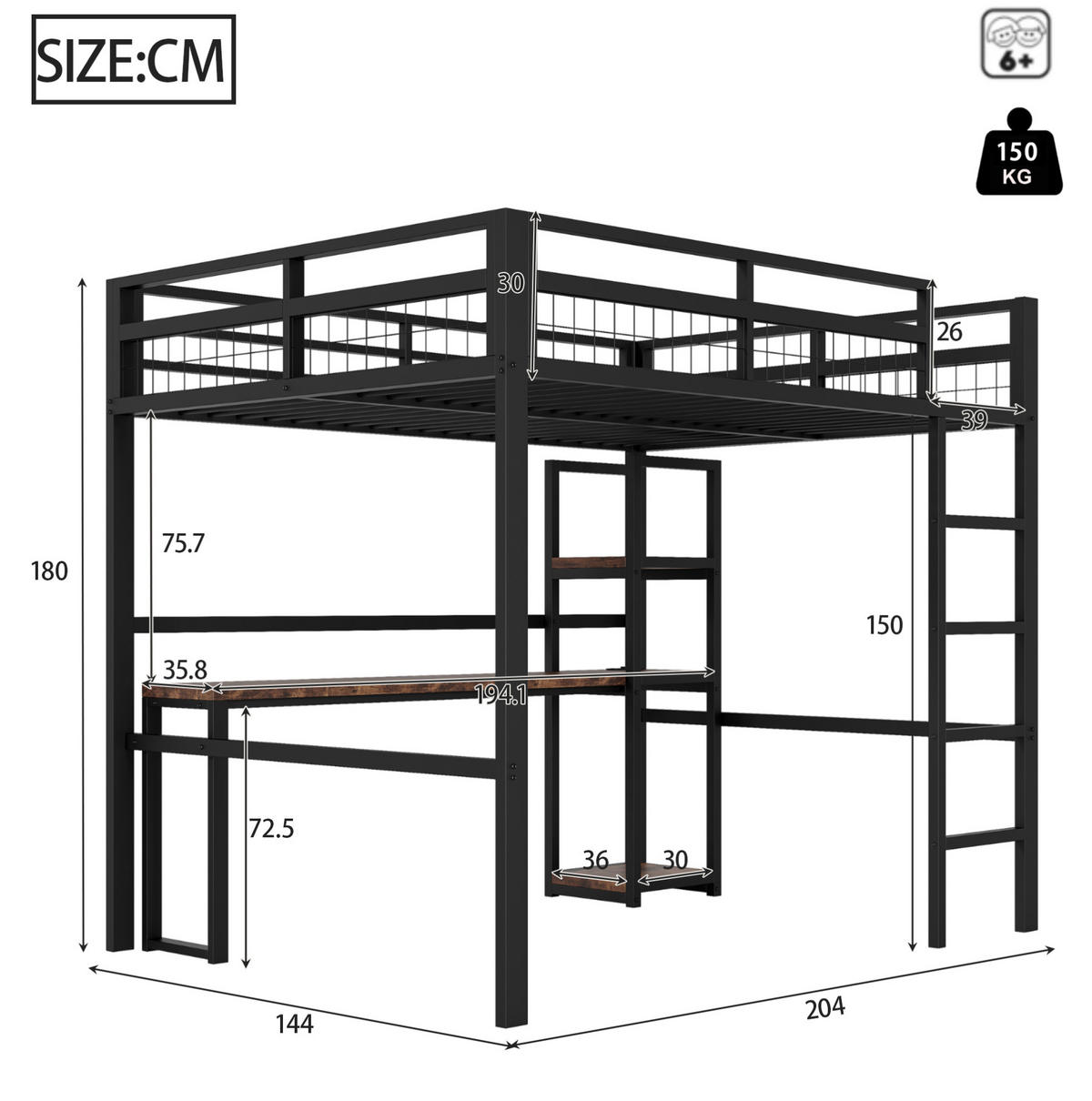 HOCHBETT 140/200 cm Schwarz mit Schreibtisch und USB-Anschluss - Schwarz, Metall (140/200cm) - OKWISH
