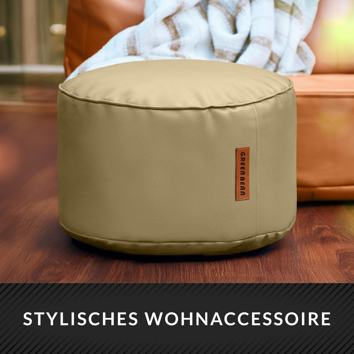 INDOOR HOCKER Stay rund Kunstleder - Beige, Textil (43/30/30cm) - Green Bean