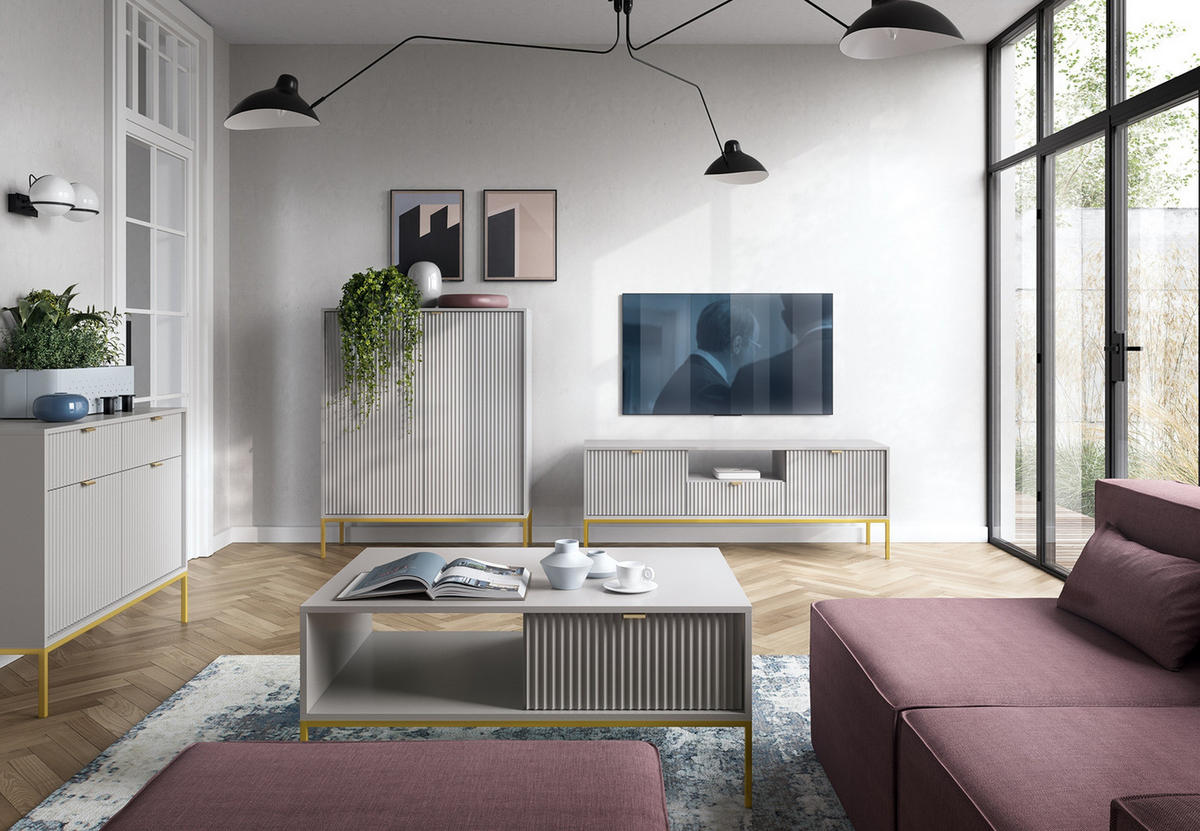 SIDEBOARD Eternas 2T 2S Grau 104/83/39 cm – goldene Füße, mit geriffelten Fronten - Goldfarben/Grau, Holzwerkstoff (104/83/39cm) - AX Living