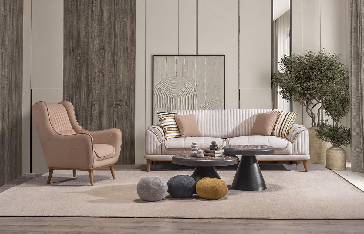 SITZGARNITUR Bond Creme Stellvariante:3+1+1 - Creme, Holz (227/85/100cm) - Villa Möbel