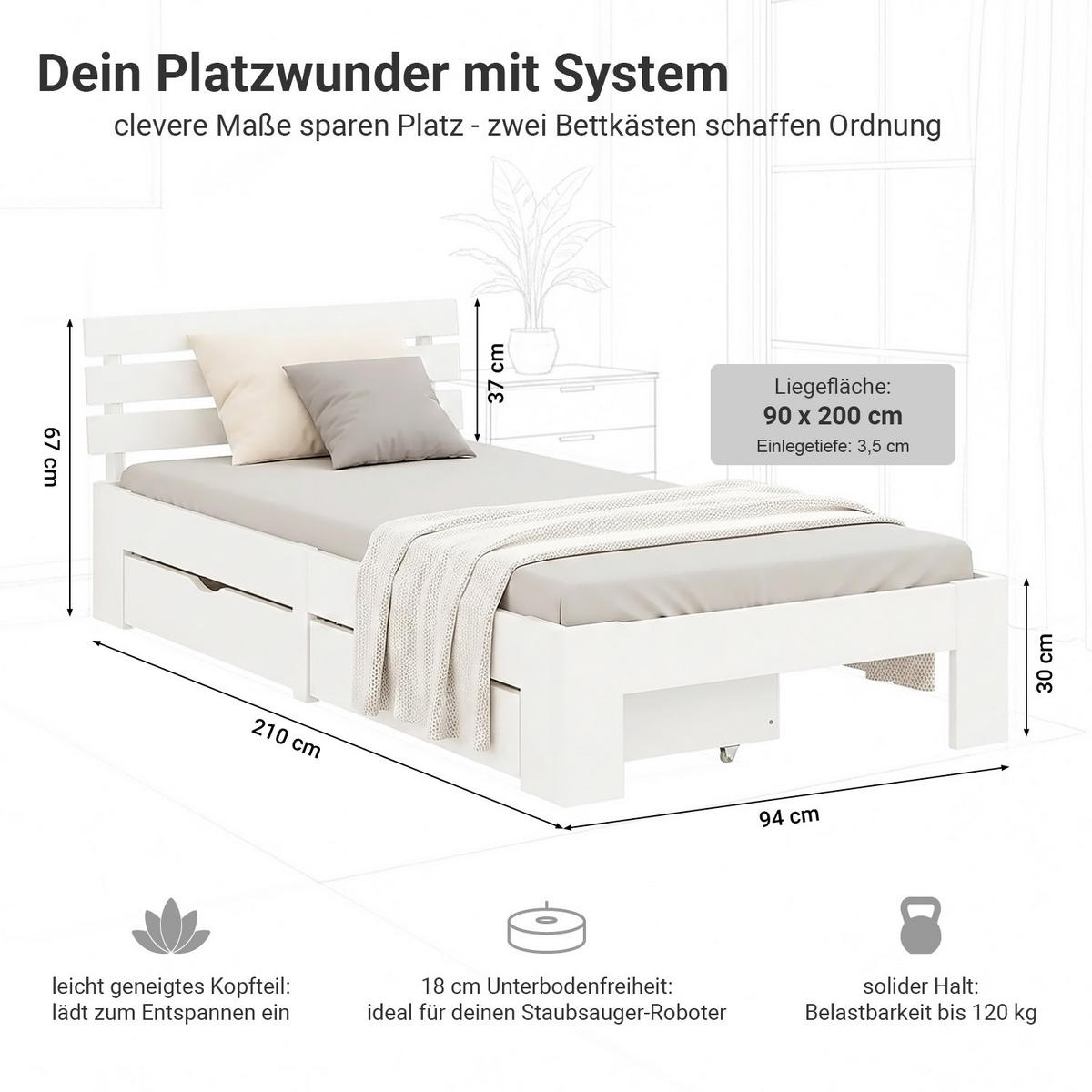 HOLZBETT mit Stauraum 90/200 cm weiß - Weiß, Holz (90/200cm) - Homestyle4u