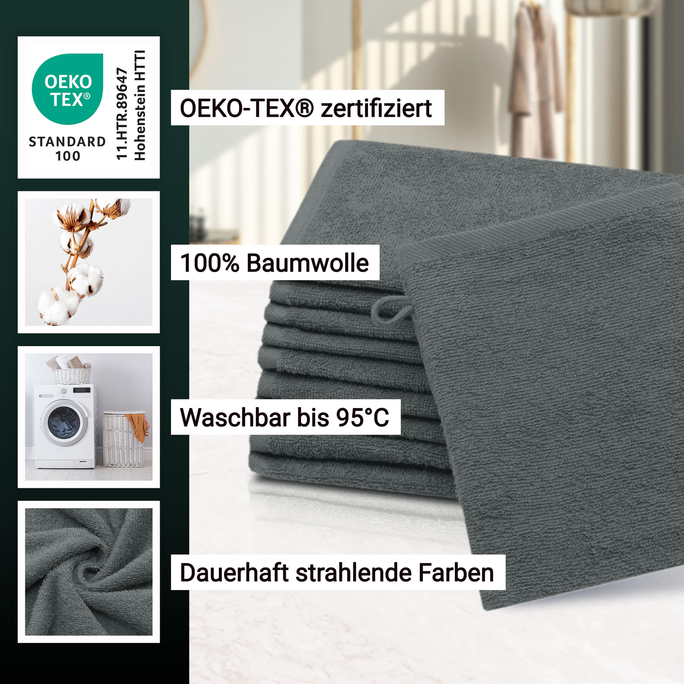 WASCHHANDSCHUH, 10er-Set, 16x21 cm, 100% Baumwolle, Grau - Graphitfarben, Textil (16/21cm) - Zollner