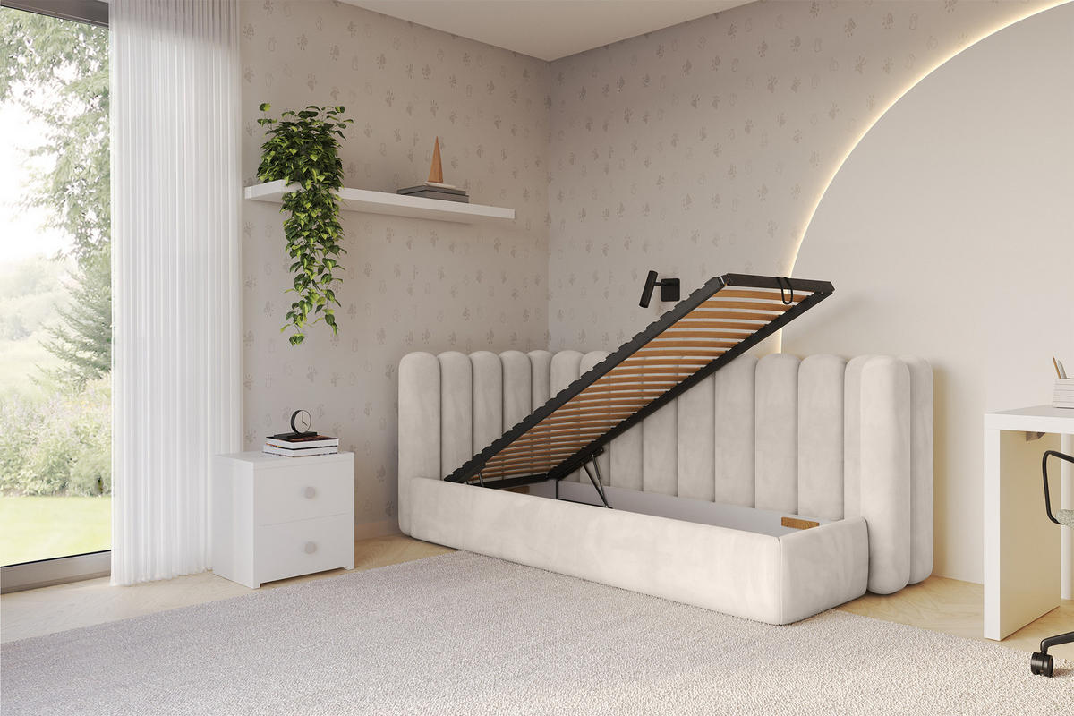 EINZELLBETT Jugendbett mit Bettkasten und Matratze H3/H4, Rechts - HUGY 100x200 Beige - Sandfarben, Holzwerkstoff/Textil (100/200cm) - ALTDECOR