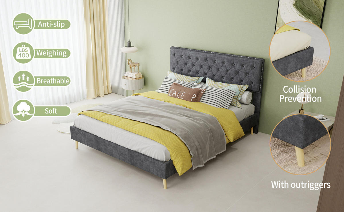 POLSTERBETT 140/200 cm mit Matratze, hohem Kopfteil, Stauraum unter dem Bett und Holzlattenrost, Grau - Grau, Textil (140/200cm) - Redom