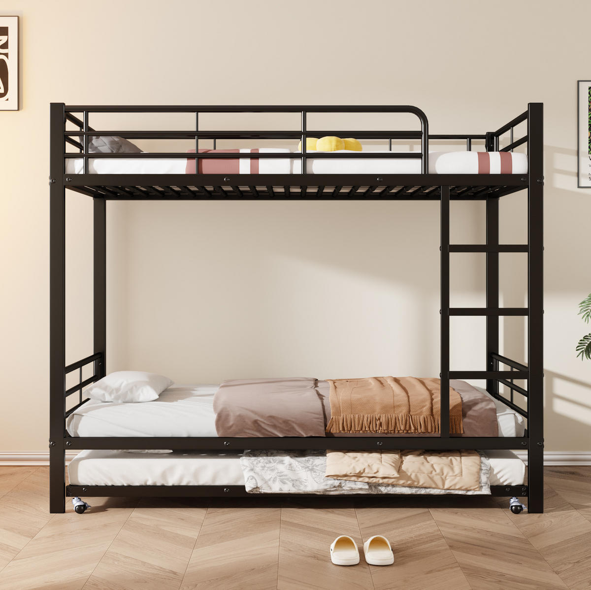ETAGENBETT 90/200 cm in Schwarz mit Ausziehbett 90/190 cm aus Metall - Schwarz, Metall (90/190cm) - Flora Grace