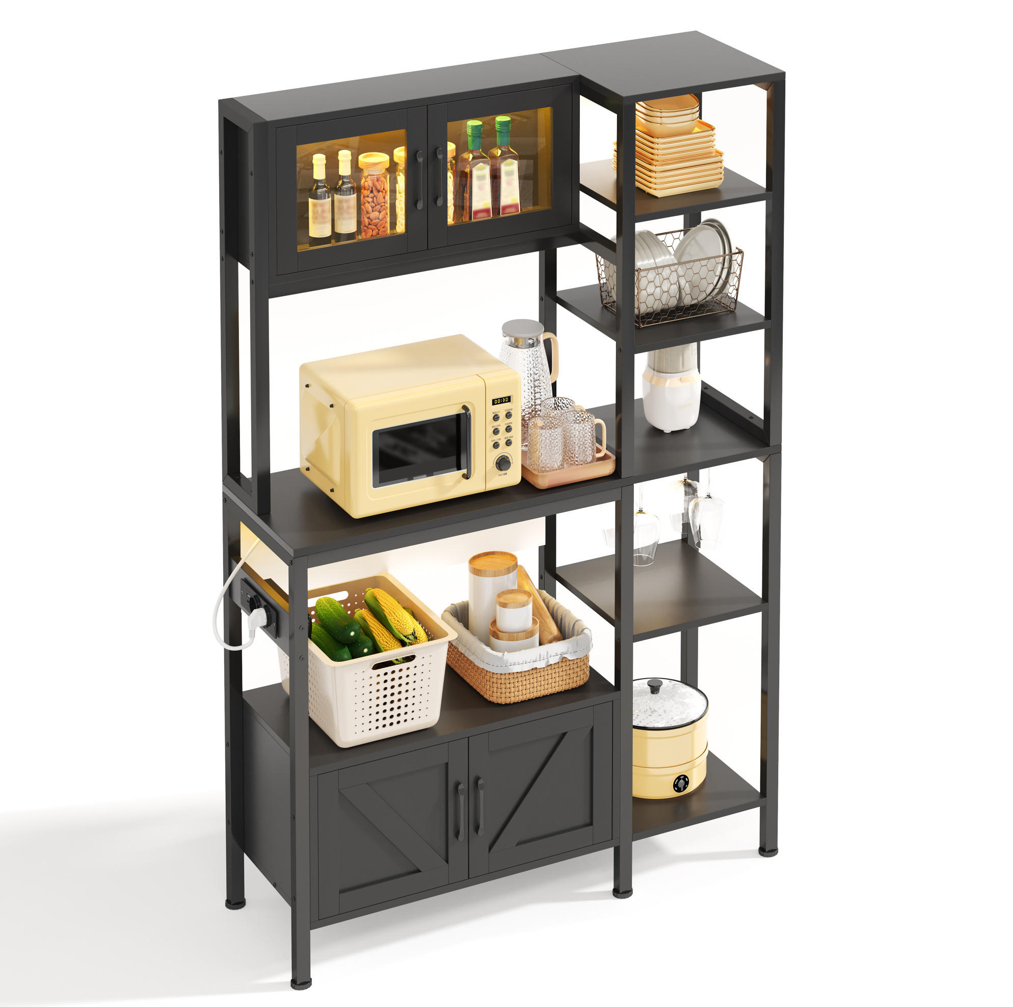 BUFFET 115/40/180 cm aus MDF und Stahl mit LED-Leiste und Steckdosenmodul Schwarz - Schwarz, Holzwerkstoff (115/180/40cm) - Modenvie