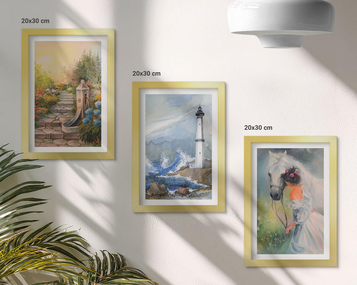 BILDER SET 3er Set - 20x30 cm Goldrahmen - Landschaft Leuchtturm Pferd Mädchen - Goldfarben, Kunststoff (20/30cm) - TULUP