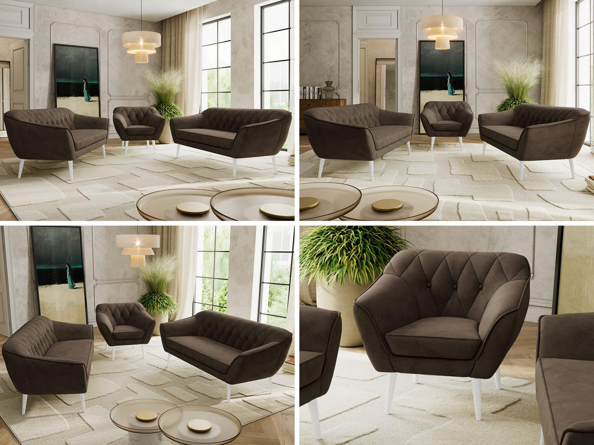SITZGARNITUR PIRS 3+3+1 - Braun Velvet - Weiße Beine - Dunkelbraun/Braun, Holzwerkstoff/Textil (180/75/74cm) - MKS