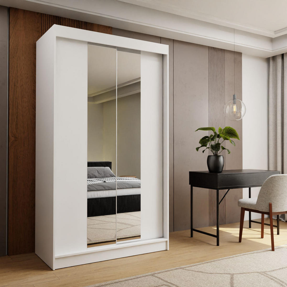 SCHWEBETÜRENSCHRANK LUCENZA 120/216/61 cm 2-türig mit Spiegel Weiß - Weiß, Holzwerkstoff (120/216/61cm) - MASSENO