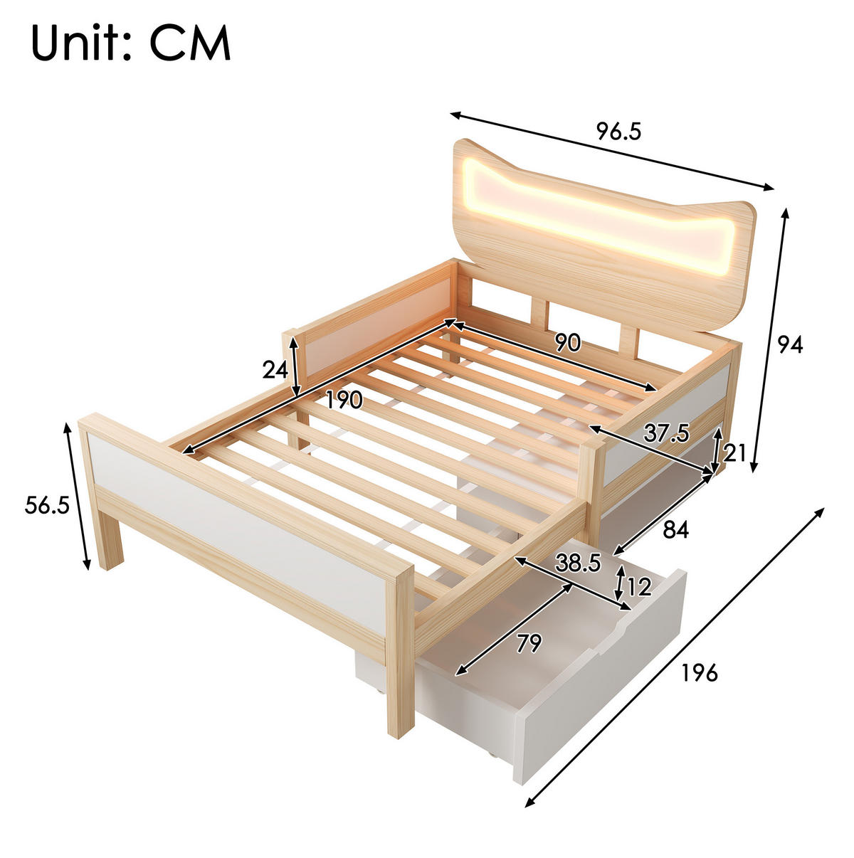 KINDERBETT 90/190 cm mit RGB-LED, Schutzgitter, Schublade und Staufach, Weiß/Eiche - Weiß, Holzwerkstoff (90/190cm) - Redom
