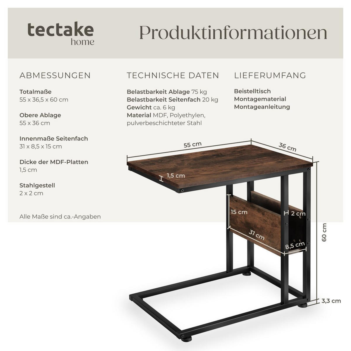 BEISTELLTISCH Wigan,55 x 36,5 x 60 cm,Industrial Holz dunkel, rustikal - Rostfarben, Holz (55/36.5/60cm) - tectake
