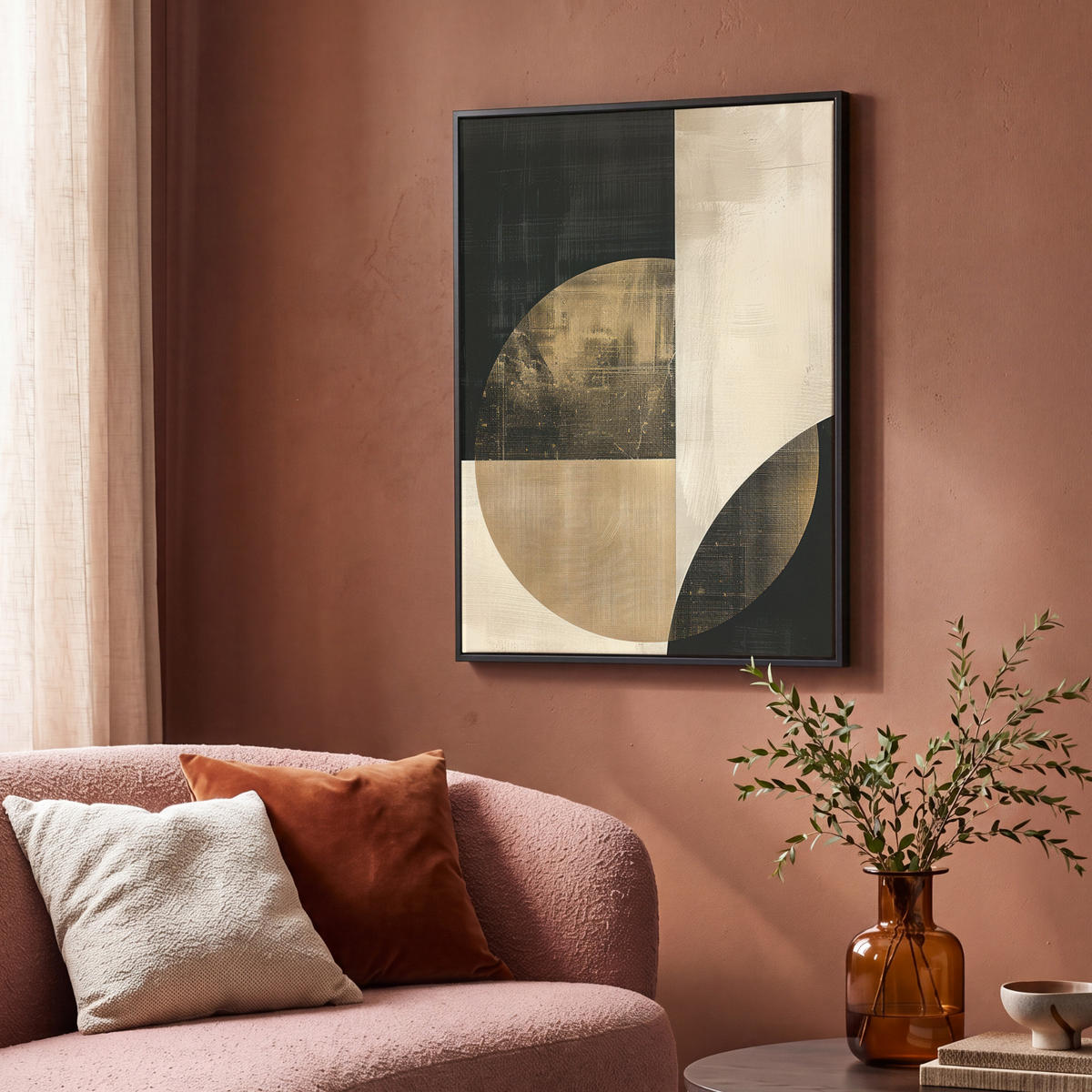 LEINWAND Bilder mit Rahmen - Abstrakt - Geometrische Formen - Schwarz - Gold - 70x100 - Ecru, Textil (70/100cm) - MuchoWow