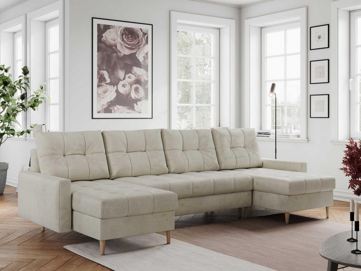 WOHNLANDSCHAFT Colin U Velvet Beige - Beige/Braun, Holz/Textil (290/75/140cm) - MKS