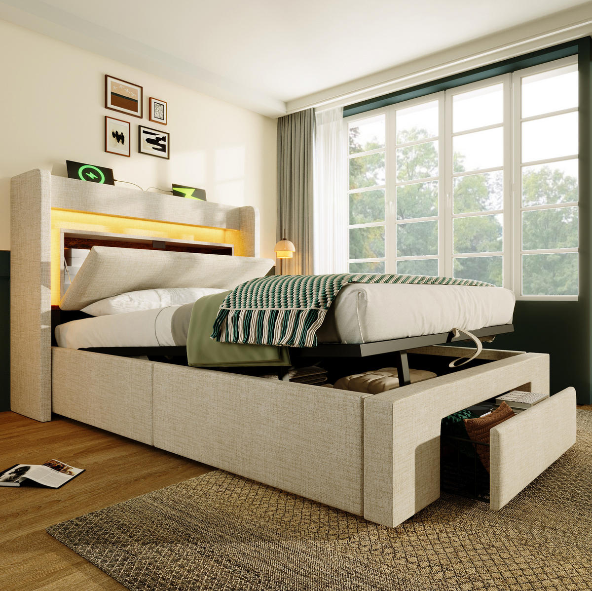 BETT mit Stauraum 90x200 cm Leinen Beige mit Matratze - Beige, Metall (90/200cm) - Meubliv