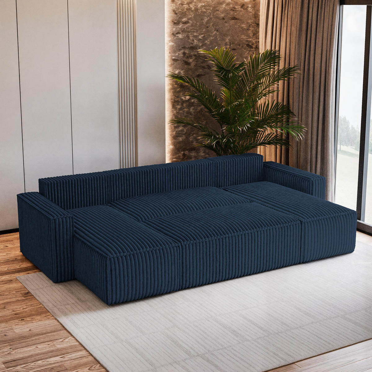 WOHNLANDSCHAFT PESANO T Blau Kordstoff mit Schlaffunktion - Blau, Holz (306/85/140cm) - MASSENO