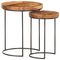2-TLG. Couchtisch-Set Massivholz Akazie und Stahl - Braun, Holz (36/36/42cm) - furnicato