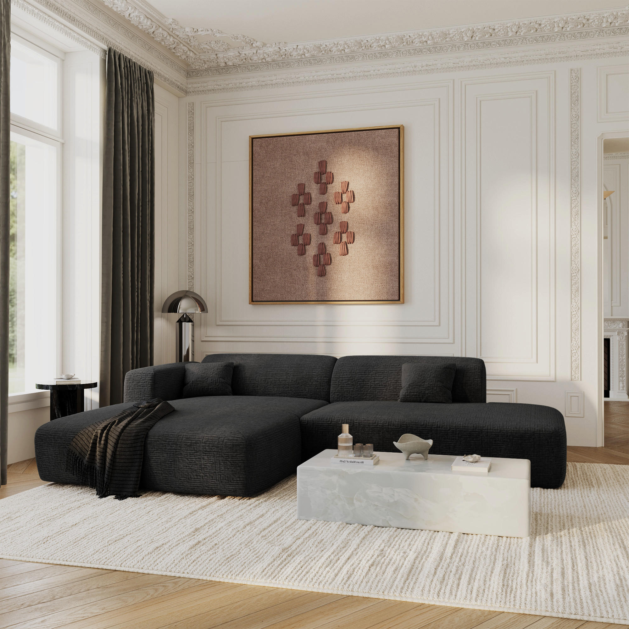 ECKSOFA LINKS Gemusterter Samt Dunkles Anthrazit 310cm - Anthrazit, Textil (96/300cm) - Sia Home