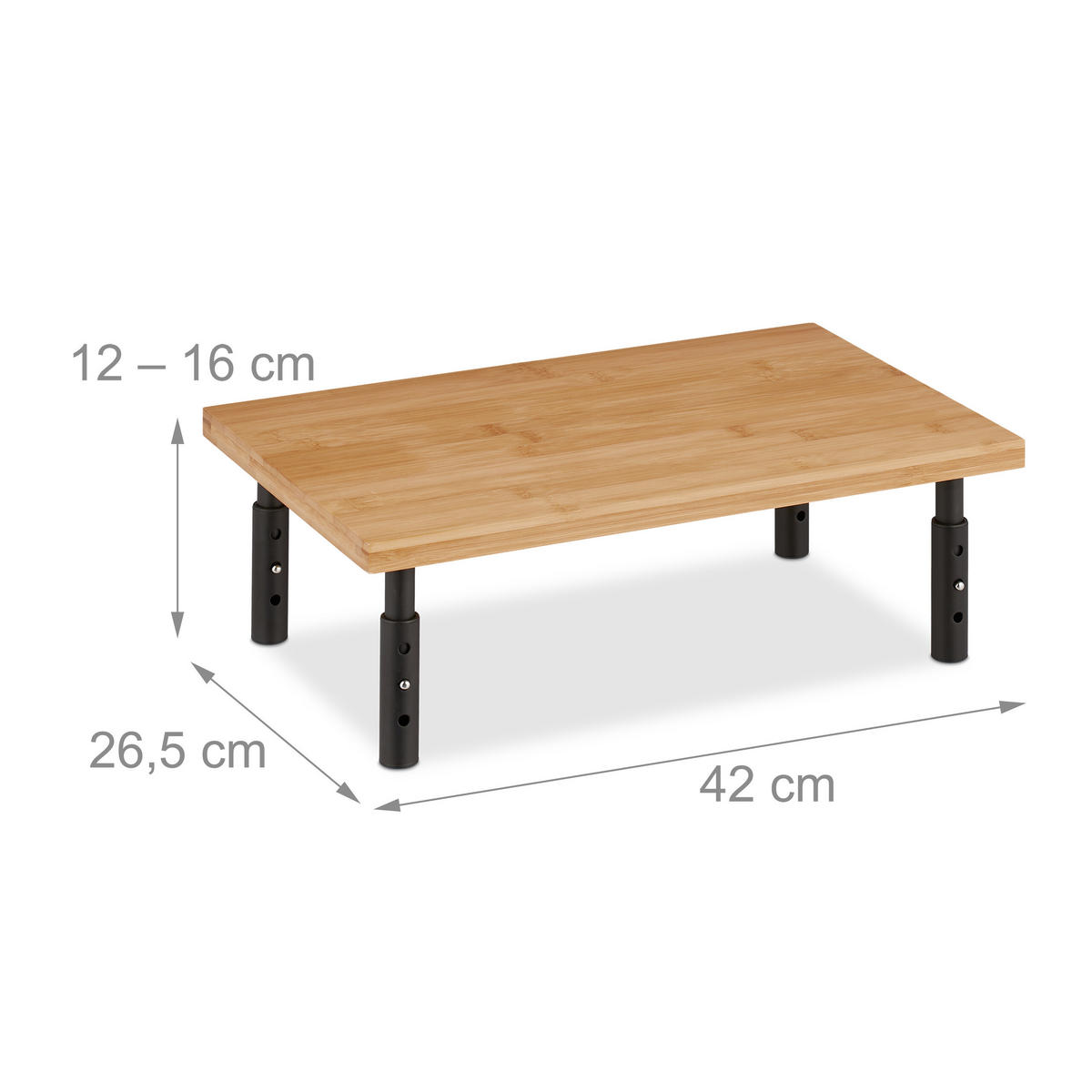 STOJAN na monitor prírodná čierna výškovo nastaviteľný 3 úrovne - svetlohnedá, kov/drevo (26.5/42/16cm) - Relaxdays