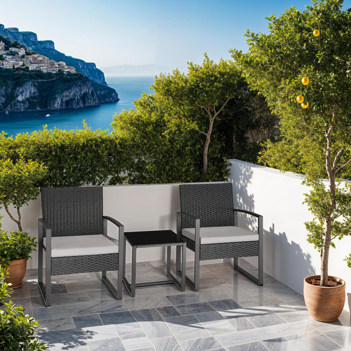 RATTAN SITZGRUPPE Granada,höhenverstellbare Kunststofffüße,hellgrau/schwarz - Hellgrau/Schwarz, Kunststoff/Textil - tectake