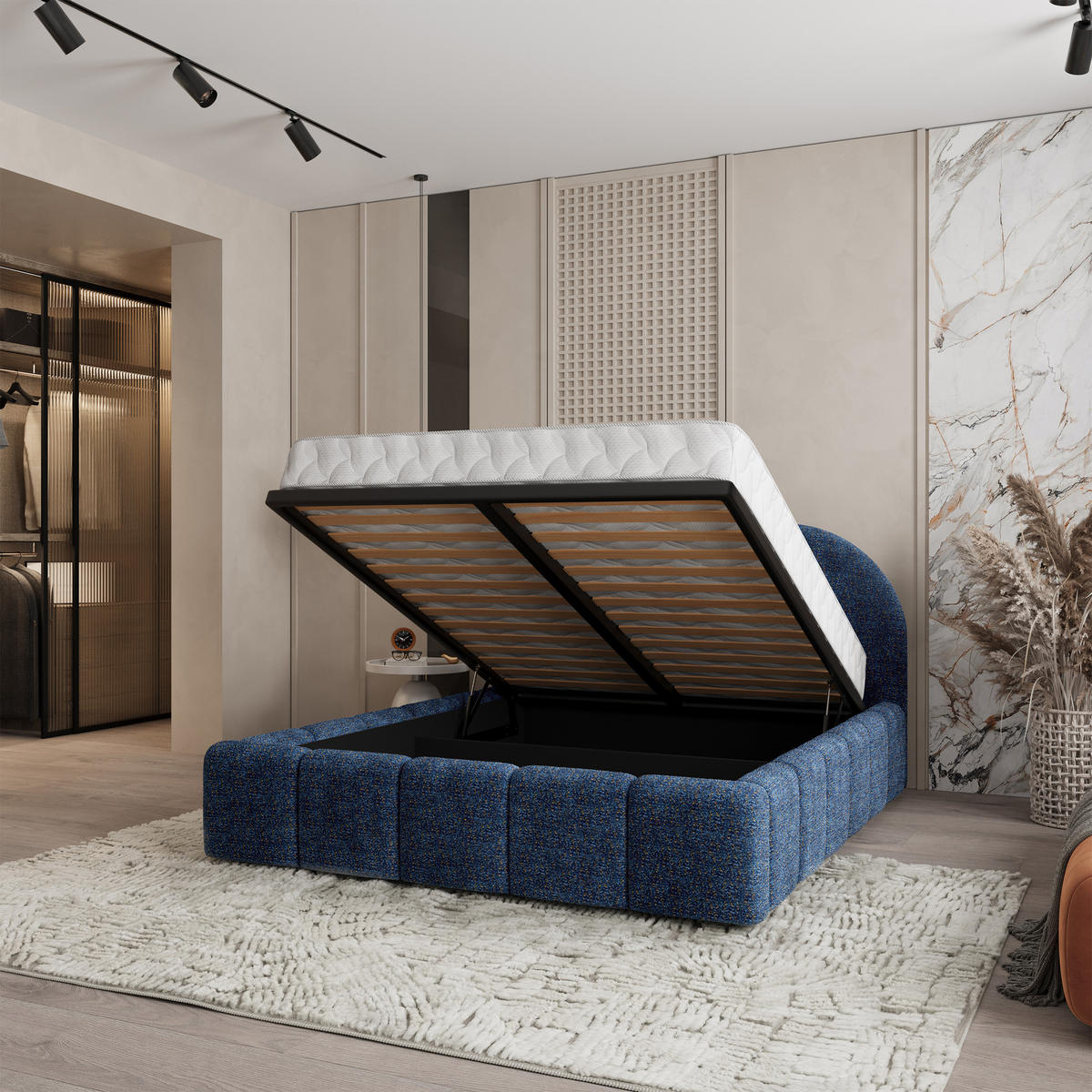 POLSTERBETT FLUSSO 140x200 cm mit Bettkästen - Blau - Blau, Holz (140/200cm) - MASSENO