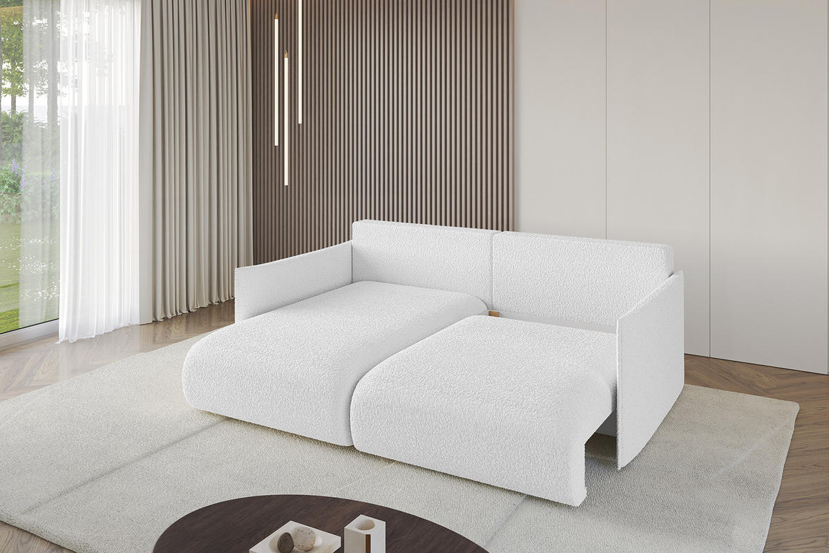 ECKSOFA mit Schlaffunktion und Bettkasten ONESK-L 208x165x40 Weiß Bouclé - Weiß, Holzwerkstoff/Kunststoff (208/165cm) - ALTDECOR