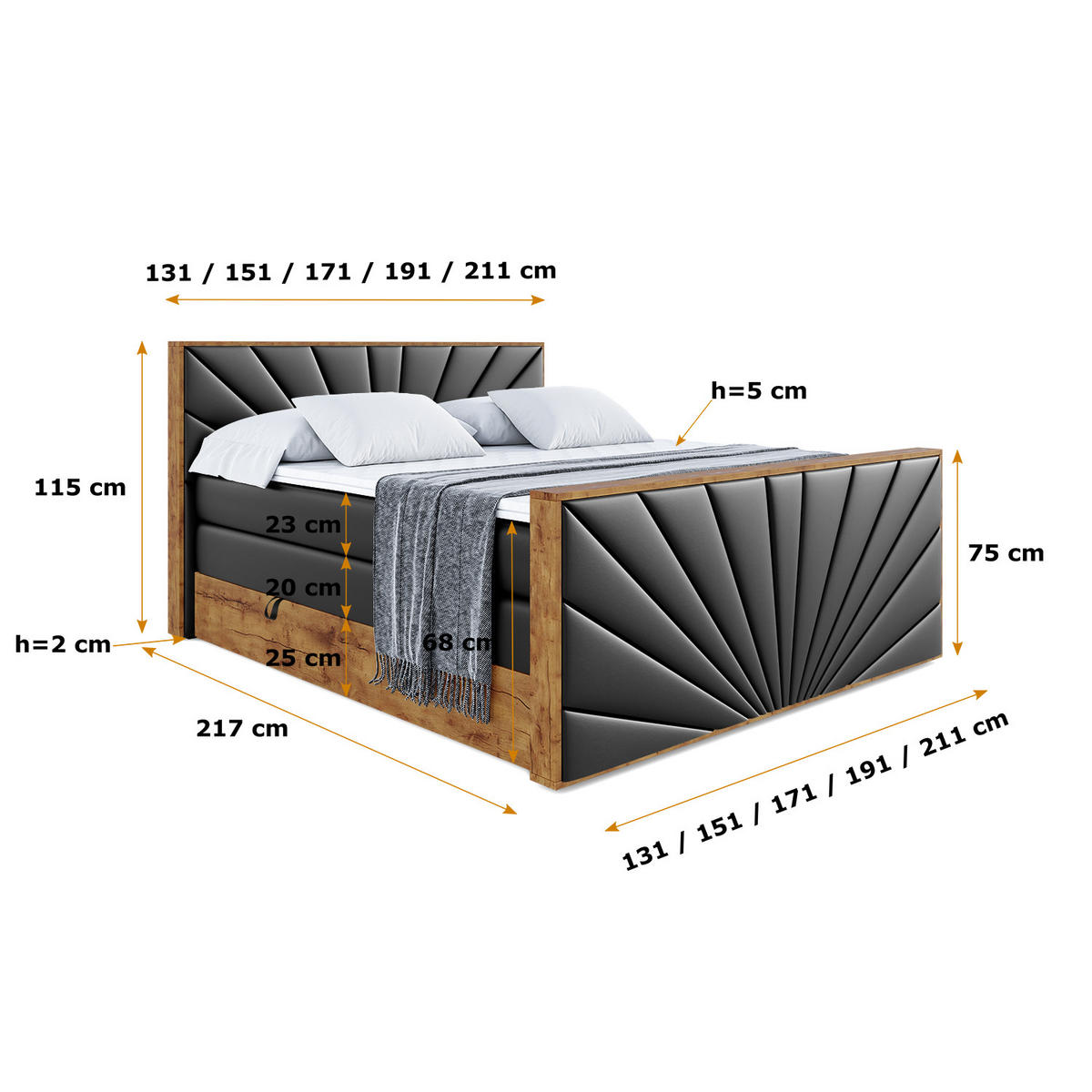 BOXSPRINGBETT mit Matratze H3|H4 und Lattenrost - LOLLI6-Z KING-160x200 - Schwarz Kunstleder - Schwarz, Holzwerkstoff (160/200cm) - ALTDECOR
