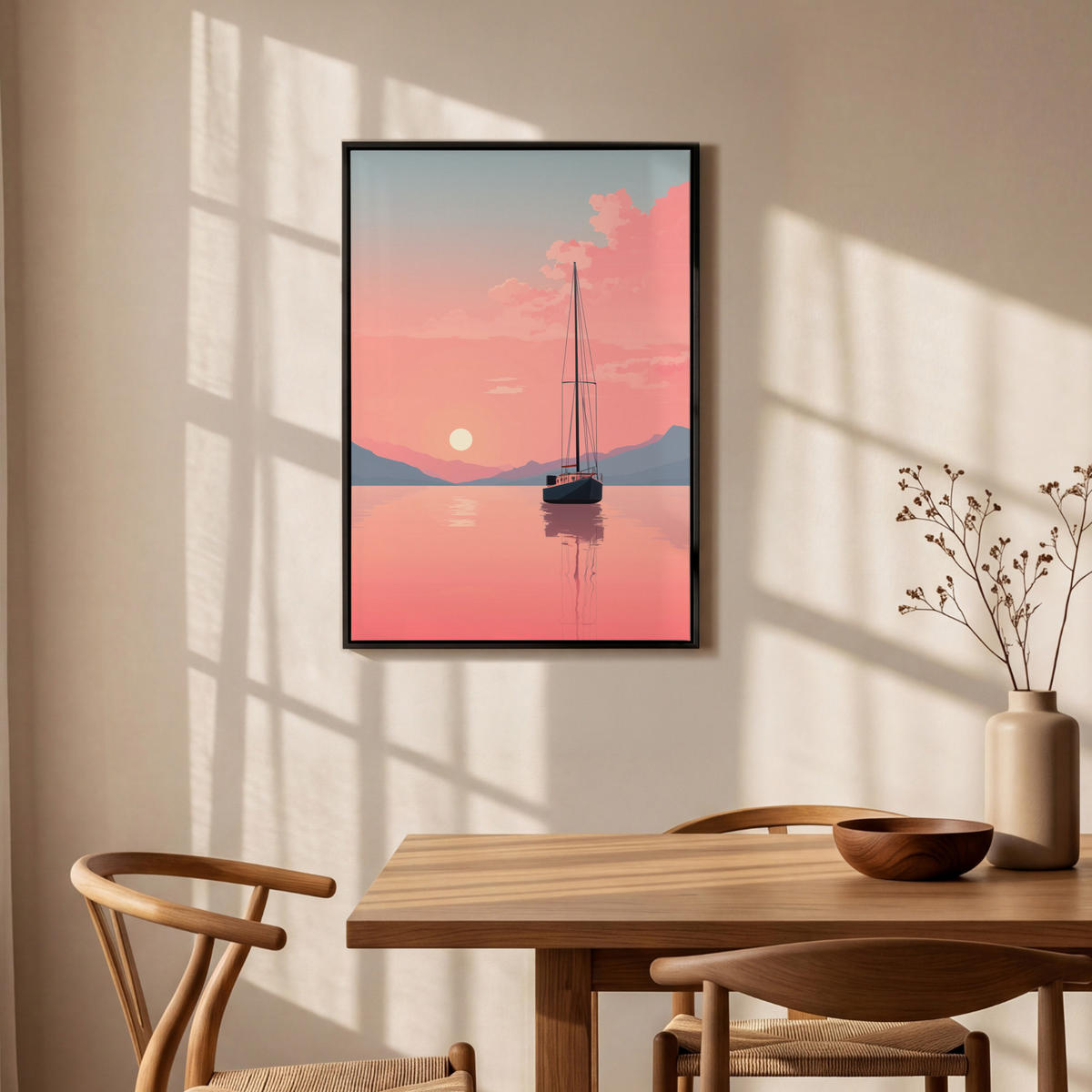 LEINWAND Bilder mit Rahmen - Segelboot - Rosa Meer - Sonnenuntergang - Berge - 60x90 - Rosa, Textil (60/90cm) - OnlyWow
