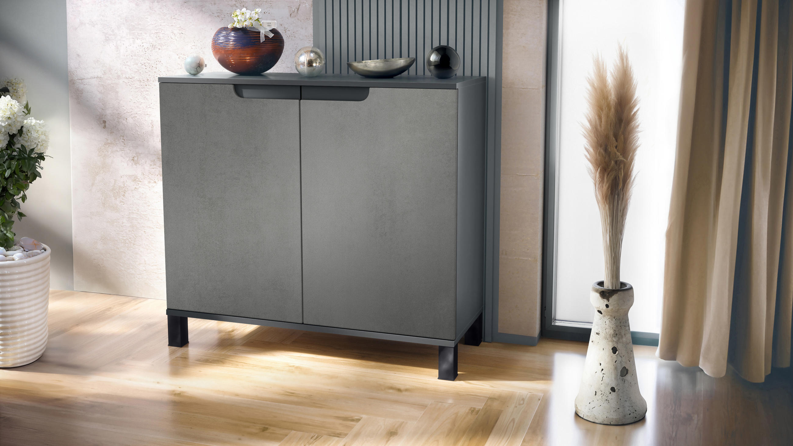 KOMMODE Sylt Beton Dunkel Optik - Dunkelgrau, Holzwerkstoff (92.5/84.5/35cm) - Vladon