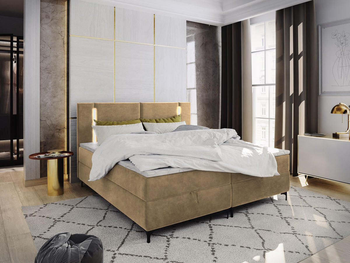 BOXBETT ALBA 180x200 cm mit Matratze und Topper - Beige - Beige, Holz (180/200cm) - MASSENO