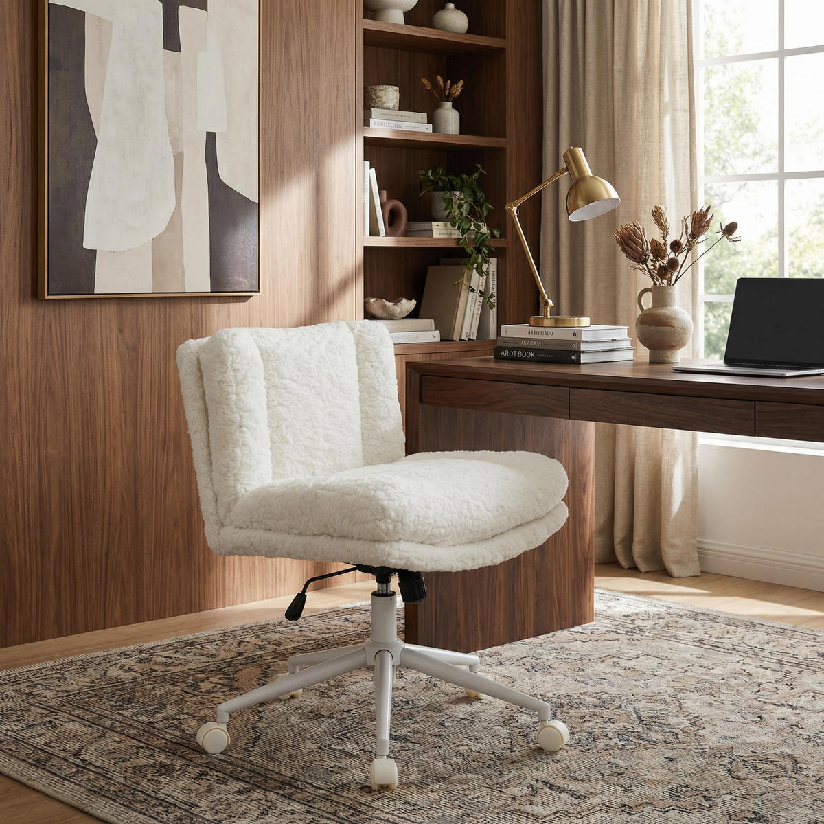 DREHSTUHL Creme Kunstfell mit Rollen, höhenverstellbar - Creme, Textil (63/94/67cm) - Urban Meuble
