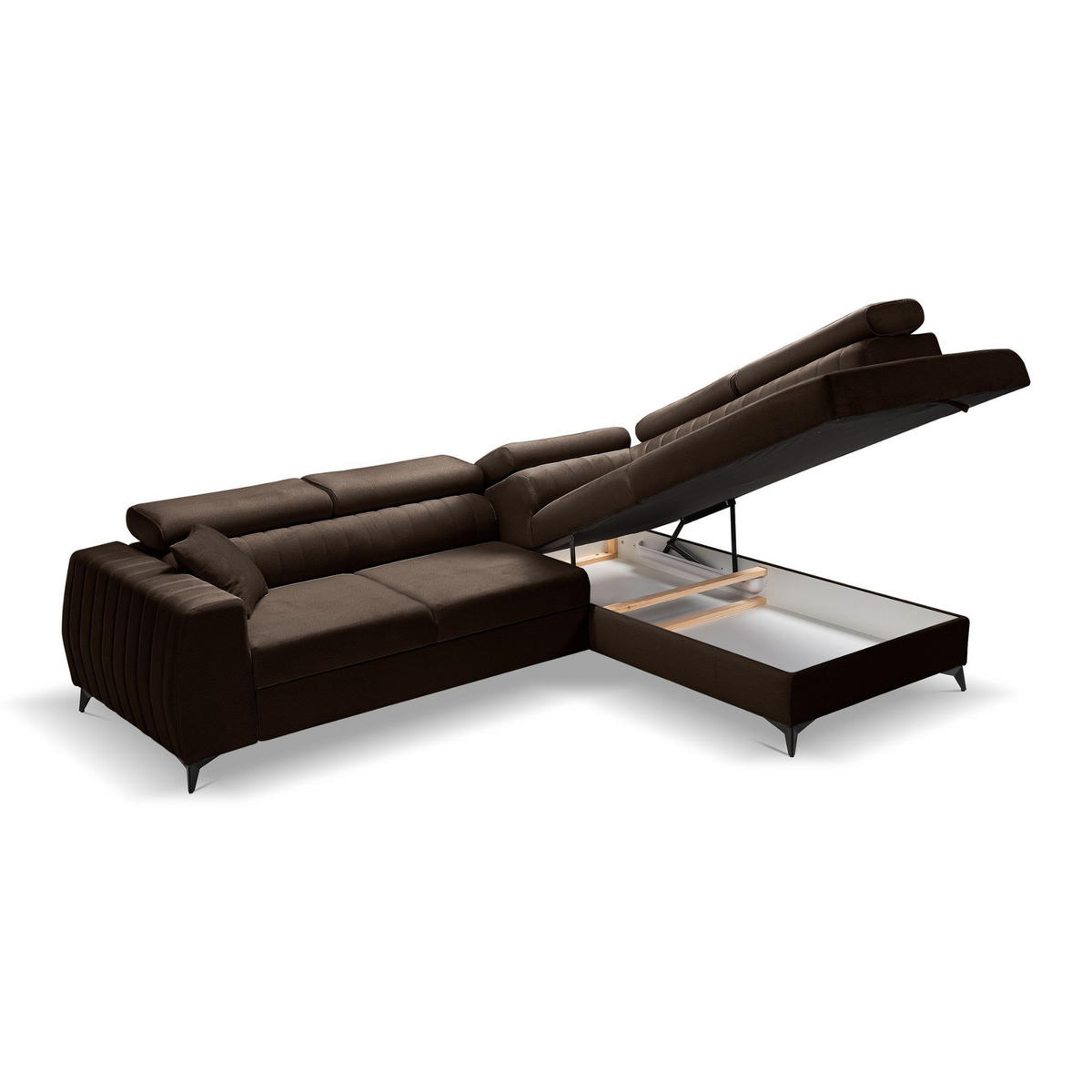 ECKSOFA PIERO L Rechts mit Schlaffunktion 195x125 Velours Braun - Schwarz/Braun, Holz/Textil (203/268cm) - Muffo
